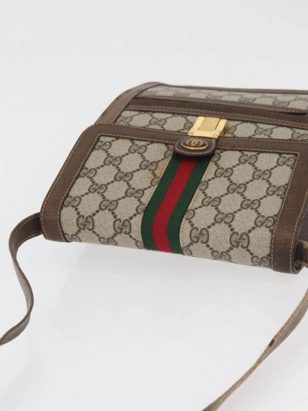 GUCCI GG Supreme Web Sherry Line Shoulder Bag PVC Beige Gold Red Auth ka4225 - Picture 8 of 13